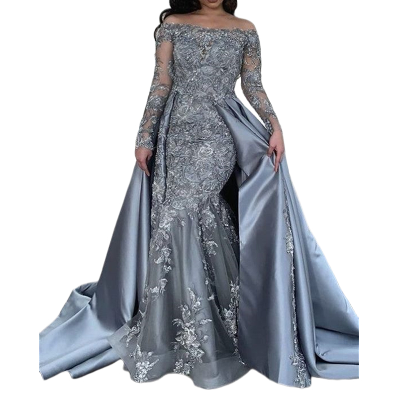 Bateau Neck Gray Mermaid Prom Dresses Long Sleeves With Detachable Skirt Lace Appliques Women Elegant Formal Wear Evening Gowns