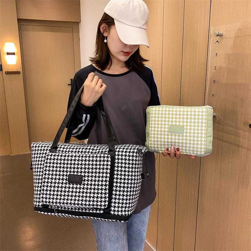 Trendy Fashion Portable Travel Bag Grid Pattern Expandable Fitness Bag Large Capacity Set Luggage Bag