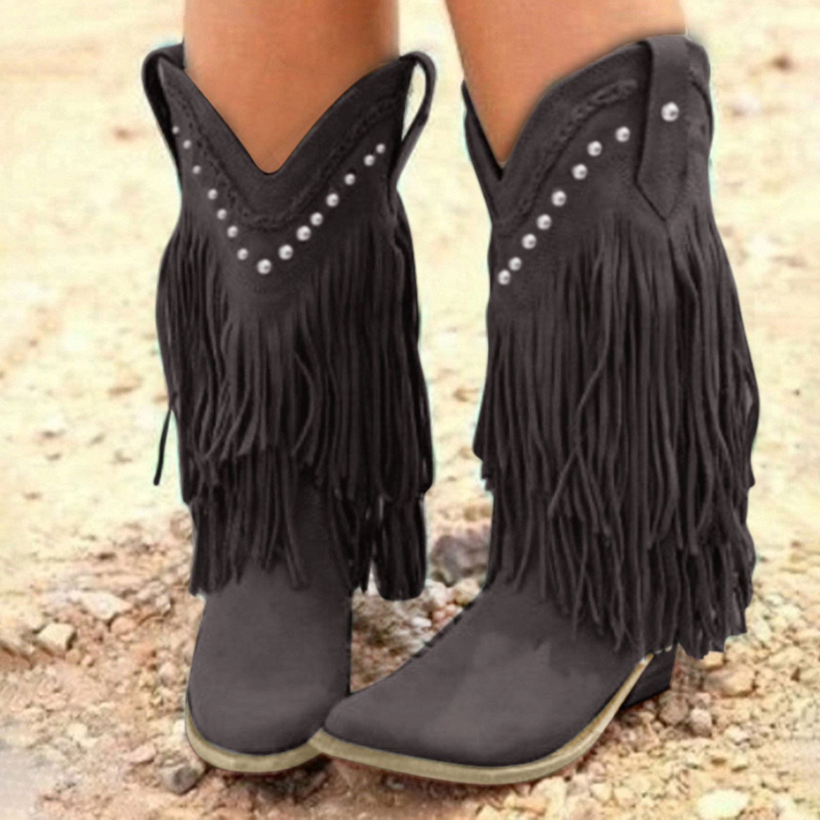 New Mid-calf Boots Women Autumn Winter Western Cowboy Vintage Tassel Thick Heel Boots Female Casual Breathable Shoes botas mujer 672dc c1c1d