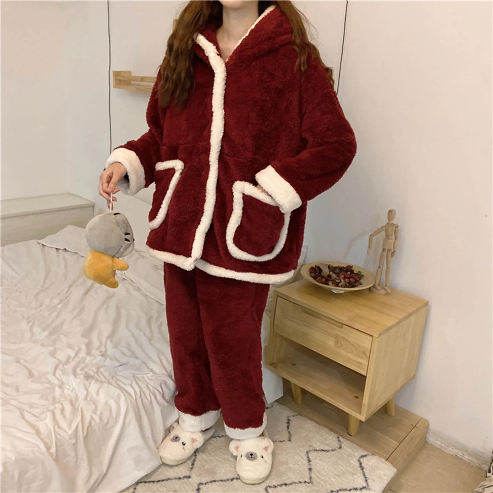 Christmas Pajamas Adults Solid Cute TopPants 2pcs Xmas Sleepwear Kawaii Fluffy Warm Kimono Bathrobe Suit Cosplay Clothes 241112