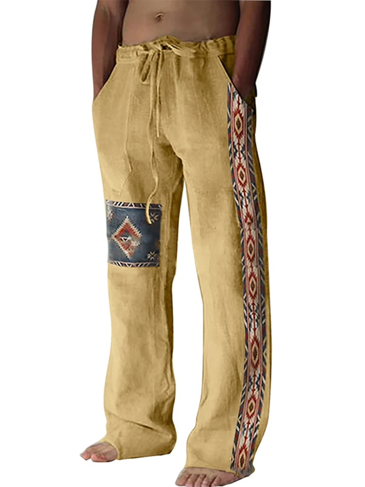 Men Casual Tieup Trouser Classic Pattern Print Man Cotton Linen Pants Spring Summer Fashion Loose Drawstring Straight Long Pant 240328