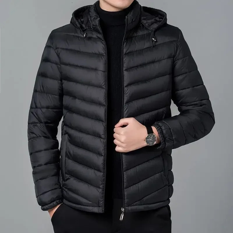 Mens Down Jacket Lightweight Puffer Zipper Hooded Male Padded Coats Parkas Padding Korea Korean Clothing Winter Outer 241112
