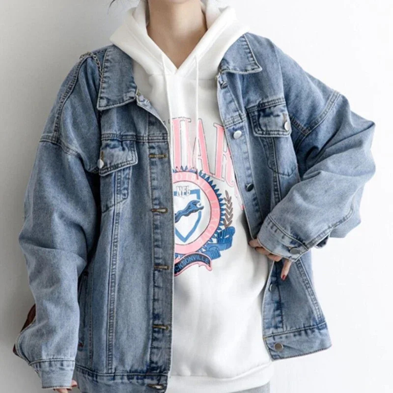 Retro denim shirt jacket casual loose jacket womens jeans jacket womens clothing 241112