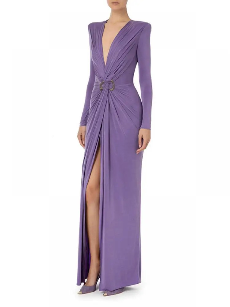 Uoozee Arrivals Solid Color SplitFront Deep VNeck XShape Evening Dresses Long Sleeves Pleated Prom Gown for Women 240402