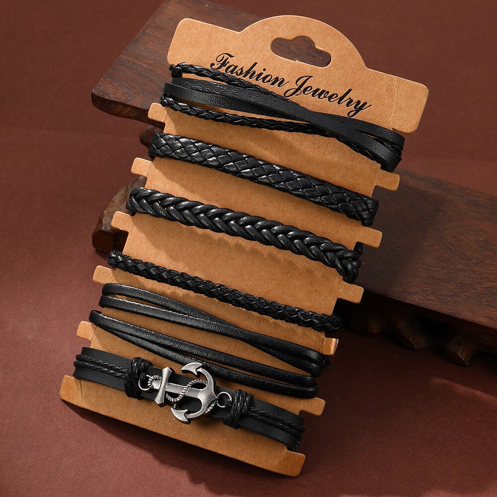 6PCS Set Men's Vintage Braided Cowhide Bracelet Multi-layer Leather Bracelet 08fe0 5 d8322