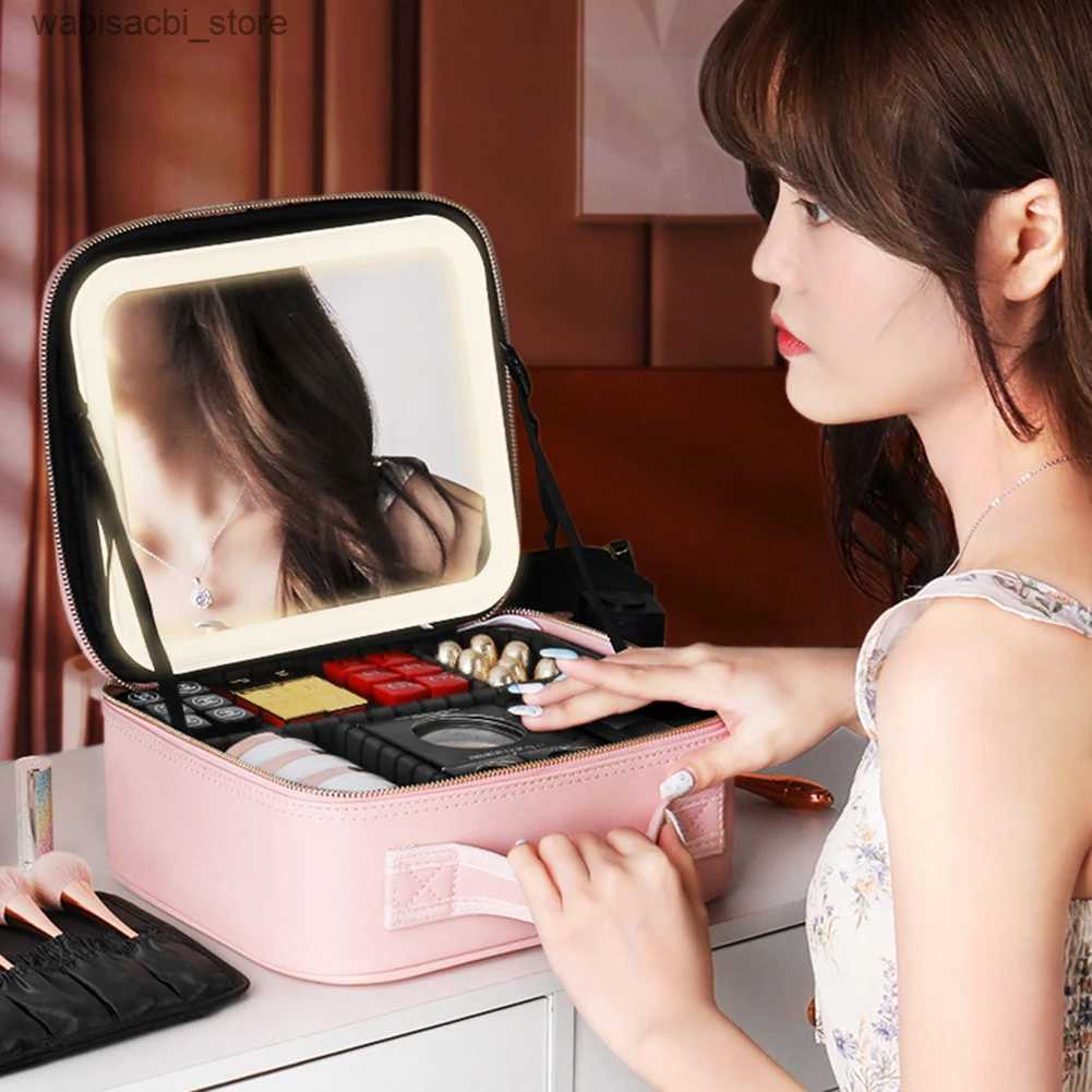 Cosmetic Bags Smart LED Cosmetic Case with Mirror Women Makeup Bag Portable Large Capacity Simple PU Leather Casual for Weekend Vacation L49