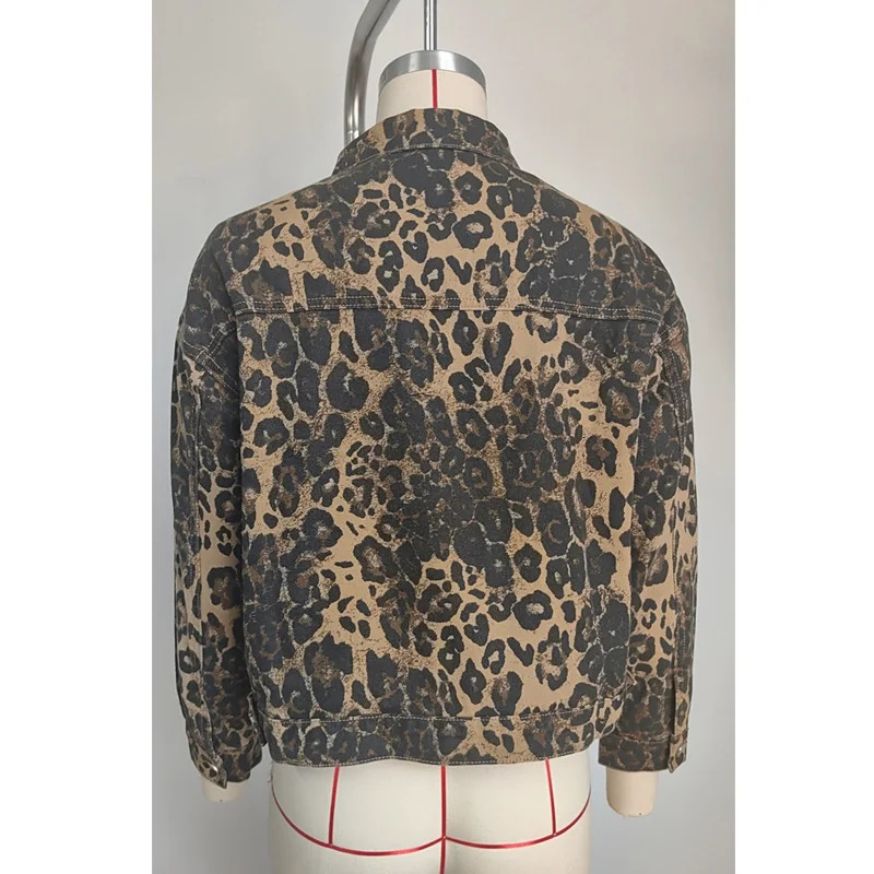 Benuynfy fashion leopard print washed denim jacket womens clothing autumn button casual street clothing short denim jacket 241112