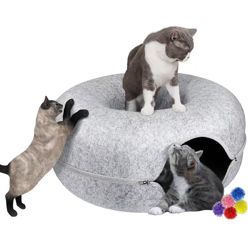 Pet Cave Donut Bed for Cats & Small Dogs - Round Wool Nest with Toys, Made of Natural Felt