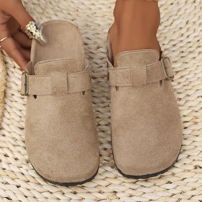 Slippers Women's Solid Color Flat Mules, Round Suede Clog Sandal,Casual Closed Toe Slip On Shoes, Comfortable Buckle Strap Design Shoes Fall Vint