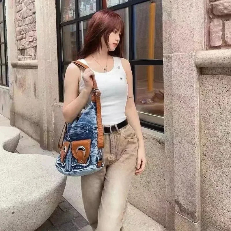 3-way denim blue womens backpack high-capacity shoulder bag fashionable and canvas cross body bag Bolsos Mujer 241111