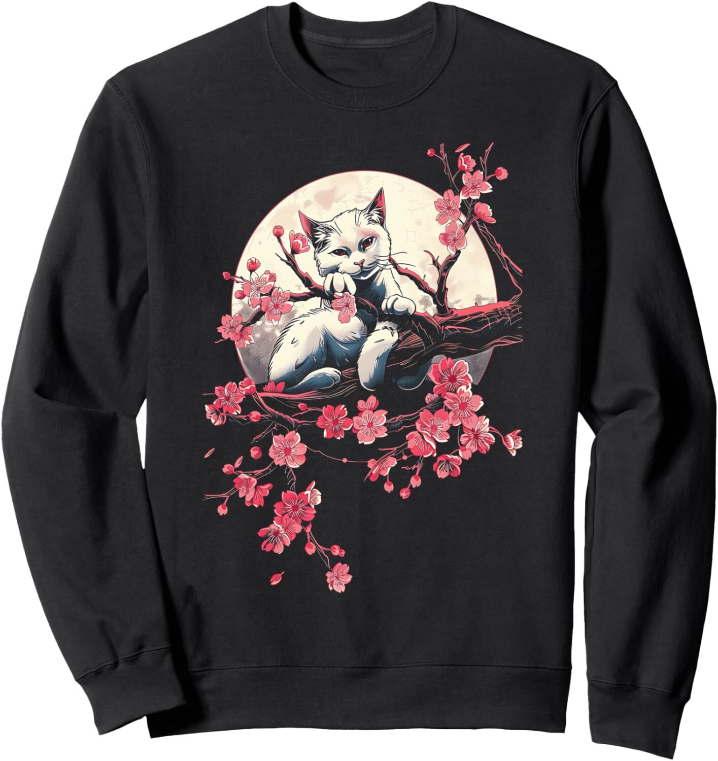 Long Sleeve Shirts for Men sweatshirt Japanese Cat Lover Sakura Blossom Moon Kawaii Cat Design Sweatshirt T shirt Tee Streetwear Casual tops clothes