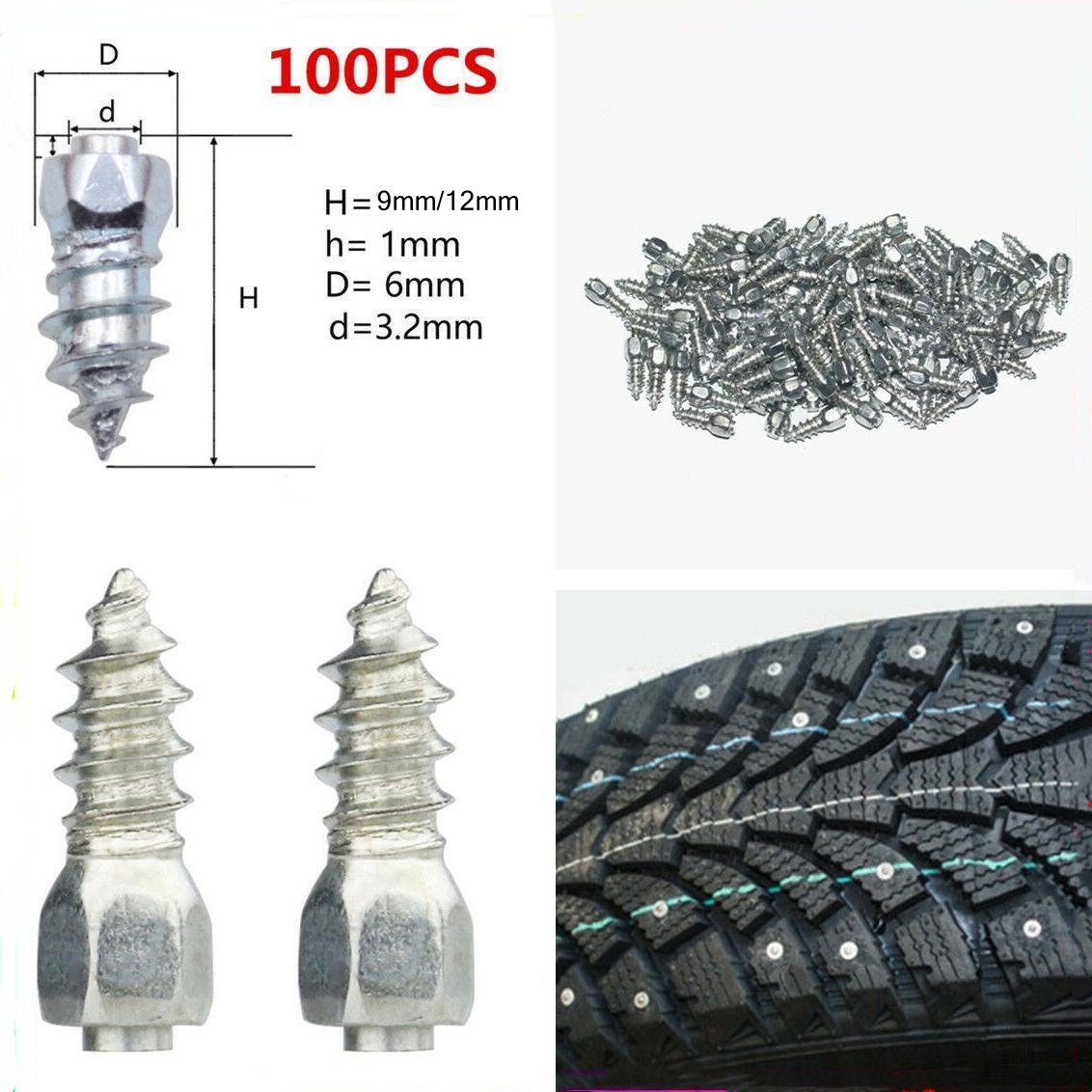 100pcs Non-Slip Spikes Wheel Nails Shoe Cleats Tire Boltsbolts for Winter Emergency Bike Car ATV