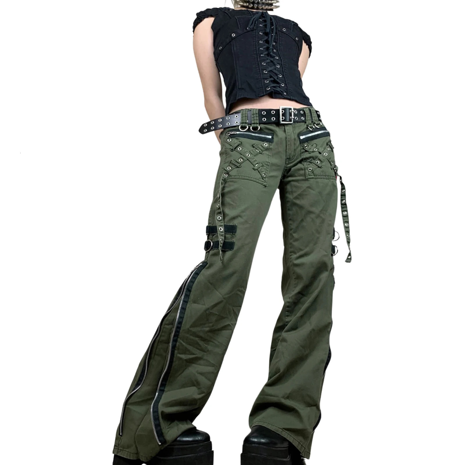 Y2k Fashion Punk Style Autumn Cargo Pants Punk Low-Waist Zipper Fly Casual Pants with Pockets for Girls Green 241112