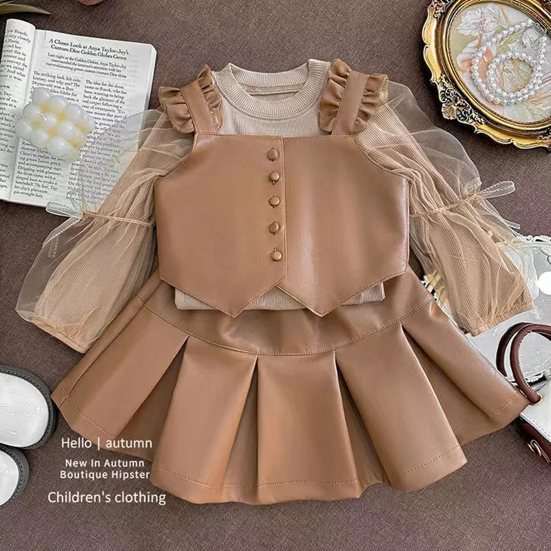 Children Autumn Winter Style Long Sleeve Sweater Vest PU Leather Short Skirt Girls Three Piece Set Kids Outfits 241112