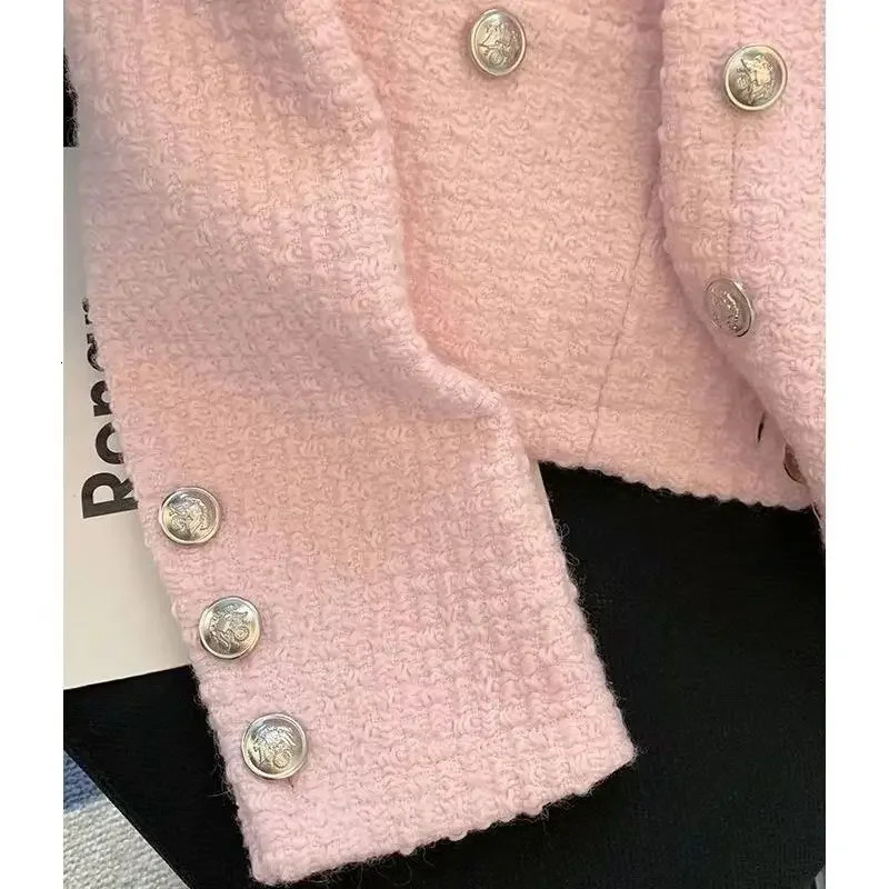Women Tweed Fragrant Pink Jacke Long Sleeve Single-breasted Winter Autumn Y2K Coat Female Elegant Crop Top Korean Clothing 241112
