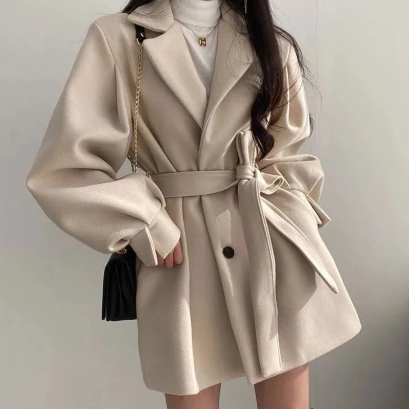 Womens chic lace slotted jacket Korean fashion elegant button lantern sleeves Midi jacket loose wool coat womens autumn and winter 241112
