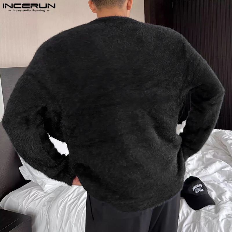 Tops 2024 Handsome INCERUN Men's Off Ddmysmile Shoulder Deconstructed Design Plush Fabric Sweater Leisure Male Long Sleeved ddmysmile Sweater S-5