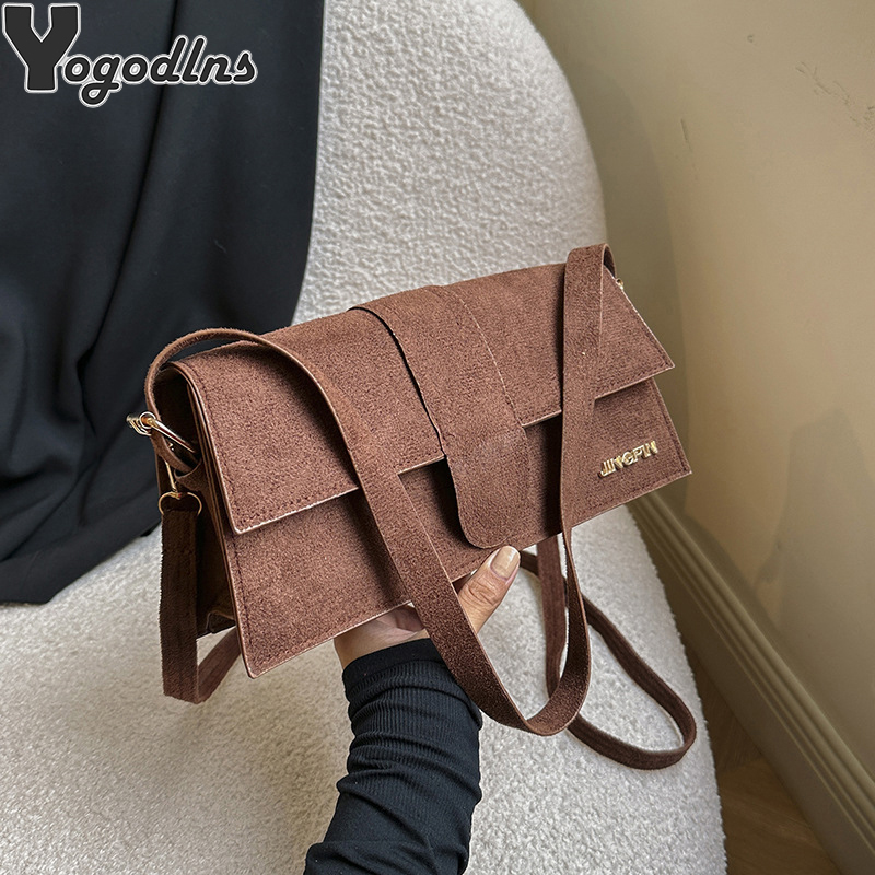 Vintage Suede Leather Crossbody Bags for Women Vintage Designer Female Small Flap Shoulder Underarm Bag Handbags and Purses