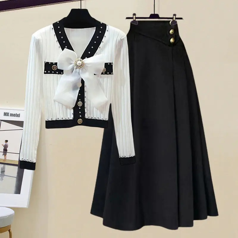 Spring and summer season set womens Korean version feels slim slim cardigan wool sweater Versatile half sleeved two-piece set 241112