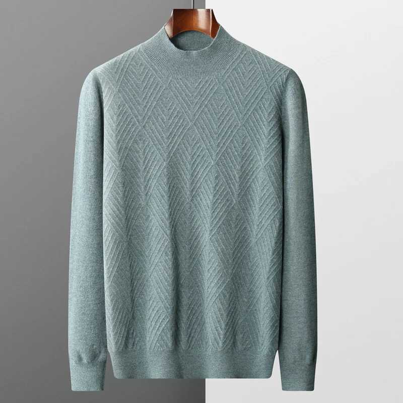 100% pure wool cashmere sweater mens loose half turtle collar jacquard zipper autumn and winter young top W2411111