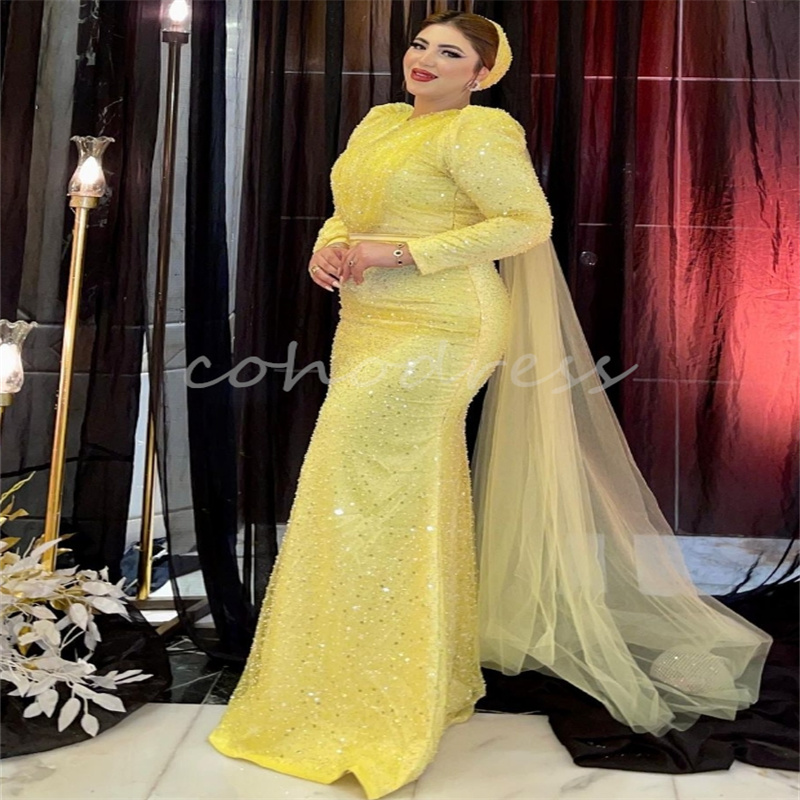 Shine Yellow Sequin Evening Dresses Plus Size Mermaid Arabia Prom Dress Elegant Long Sleeve Formal Birthday Party Gown With Tail Sparkly Robe De Soire