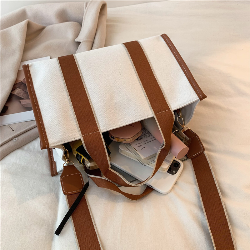 Simple Striped Canvas Ol Shoulder Bag Large Capacity Hit Color Tote Designer Ladies Casual Shopper Handbag Female Crossbody Bag