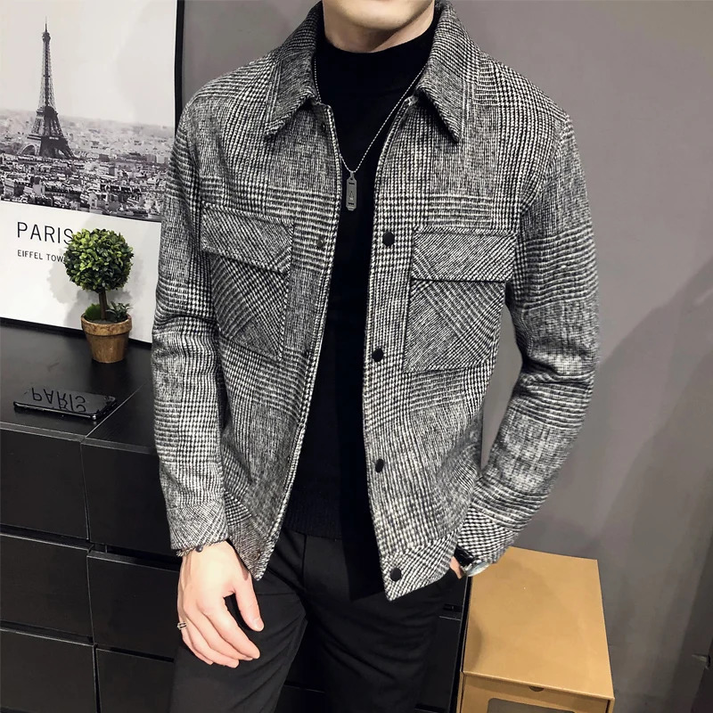Autumn/Winter Men Polo Neck Woolen Jacket Fashion Slim Fit Suit Coat HighQuality Checkered Multi Pocket Korean Casual Jacket 241112