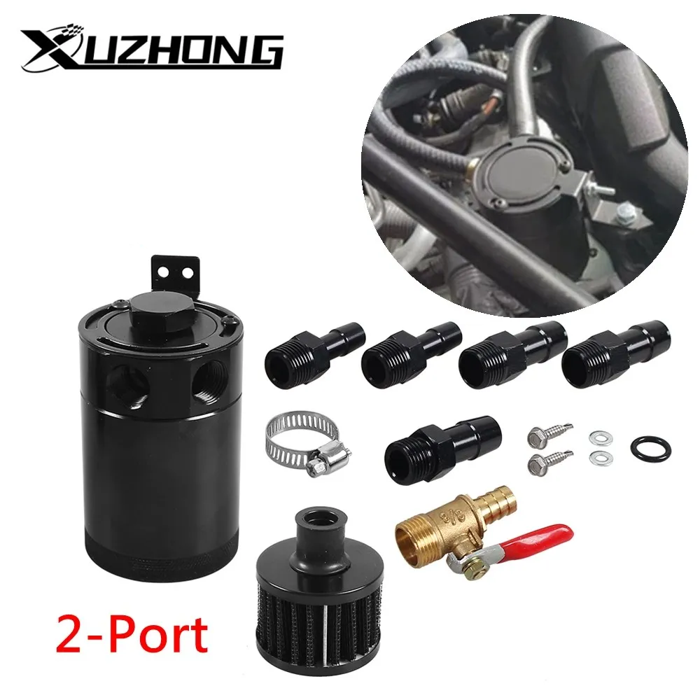 Universal Racing Baffled Aluminum Oil Catch Can Tank 2-Port/ 3-Port Reservoir with Drain Vae Breather Cylinder Filter Kit