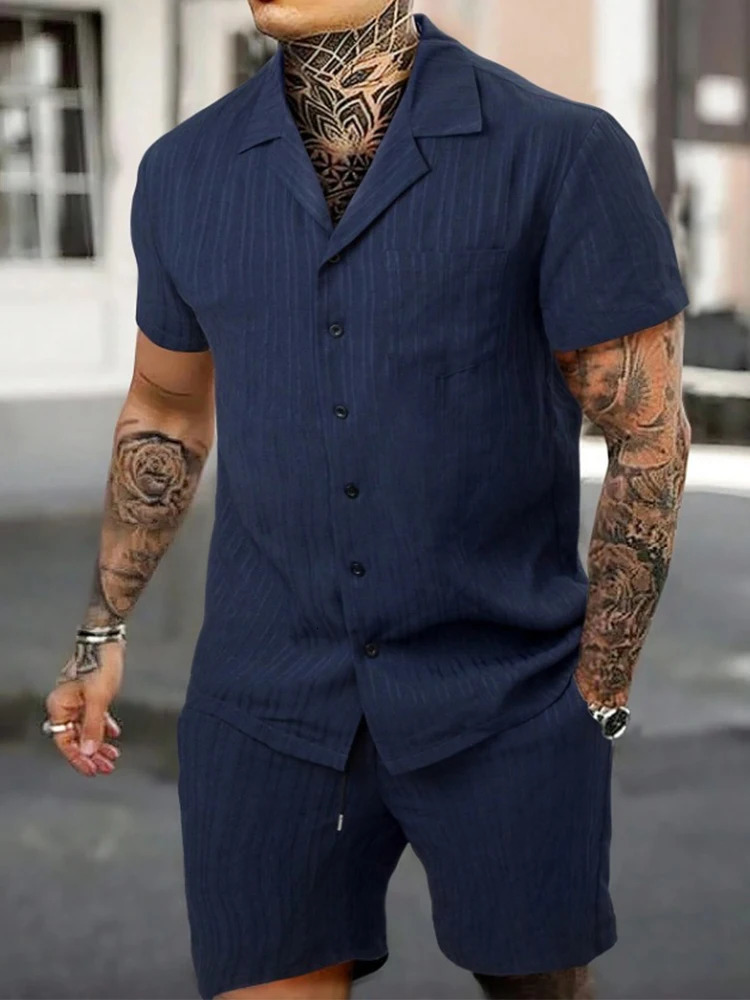 Casual Solid Color Short Sleeve Buttonup Shirts Mens Shorts Two Piece Suits Summer Beach Leisure Loose Outfits Men Fashion Sets 240409