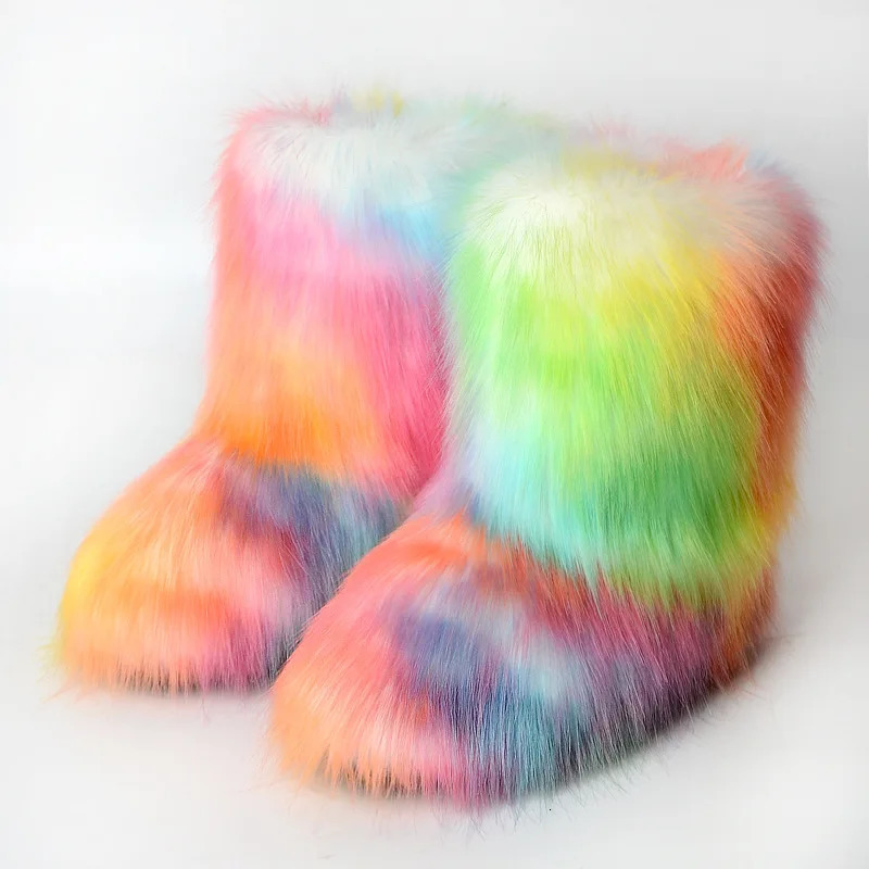 Winter Faux Fur Boots Women Warm Fluffy Snow Boots Footwear Female Furry Fox Fur Bottes Fashion Winter Shoes 241112