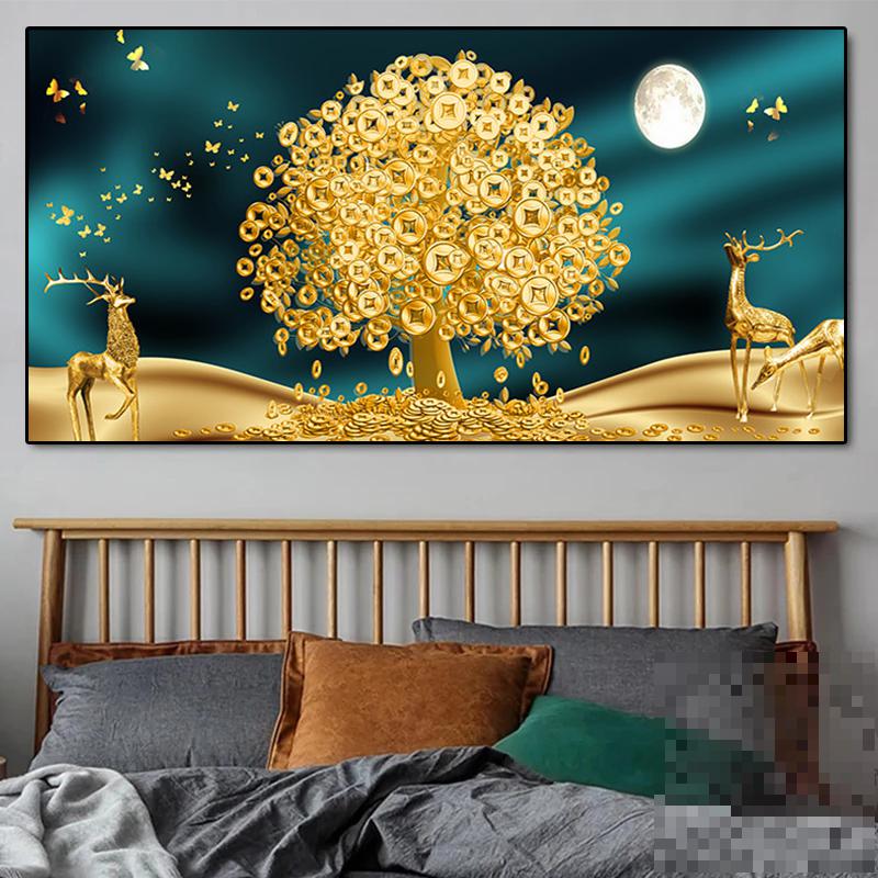 Luxury Lucky Gold Money Tree Canvas Printing Floral Plant Painting Deer and Golden Leaf Poster Home Decor Wall Art Picture Large