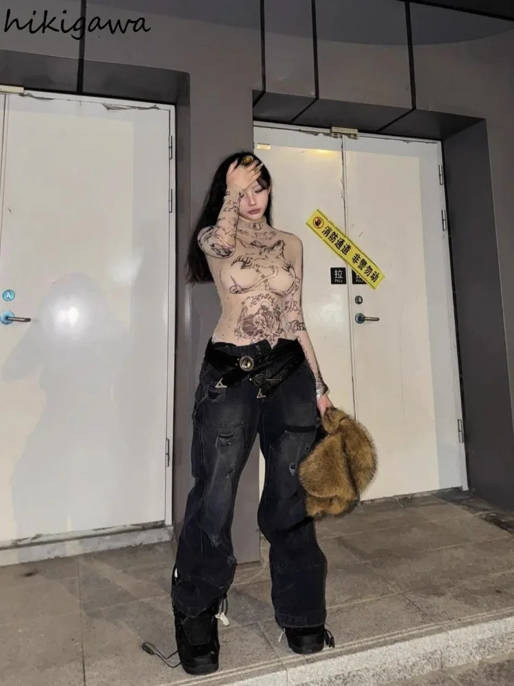 Graffiti print top womens sexy T-shirt Tunic Gauze Camisetas Y2k top fashion perspective Ropa unprinted shirt 241112