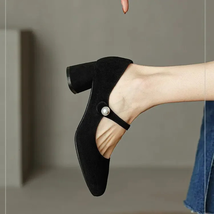 Womens Mary Janes Shoes Vintage Office Dress Shoes Black Pumps Pearl Buckle Mid Heels 241112
