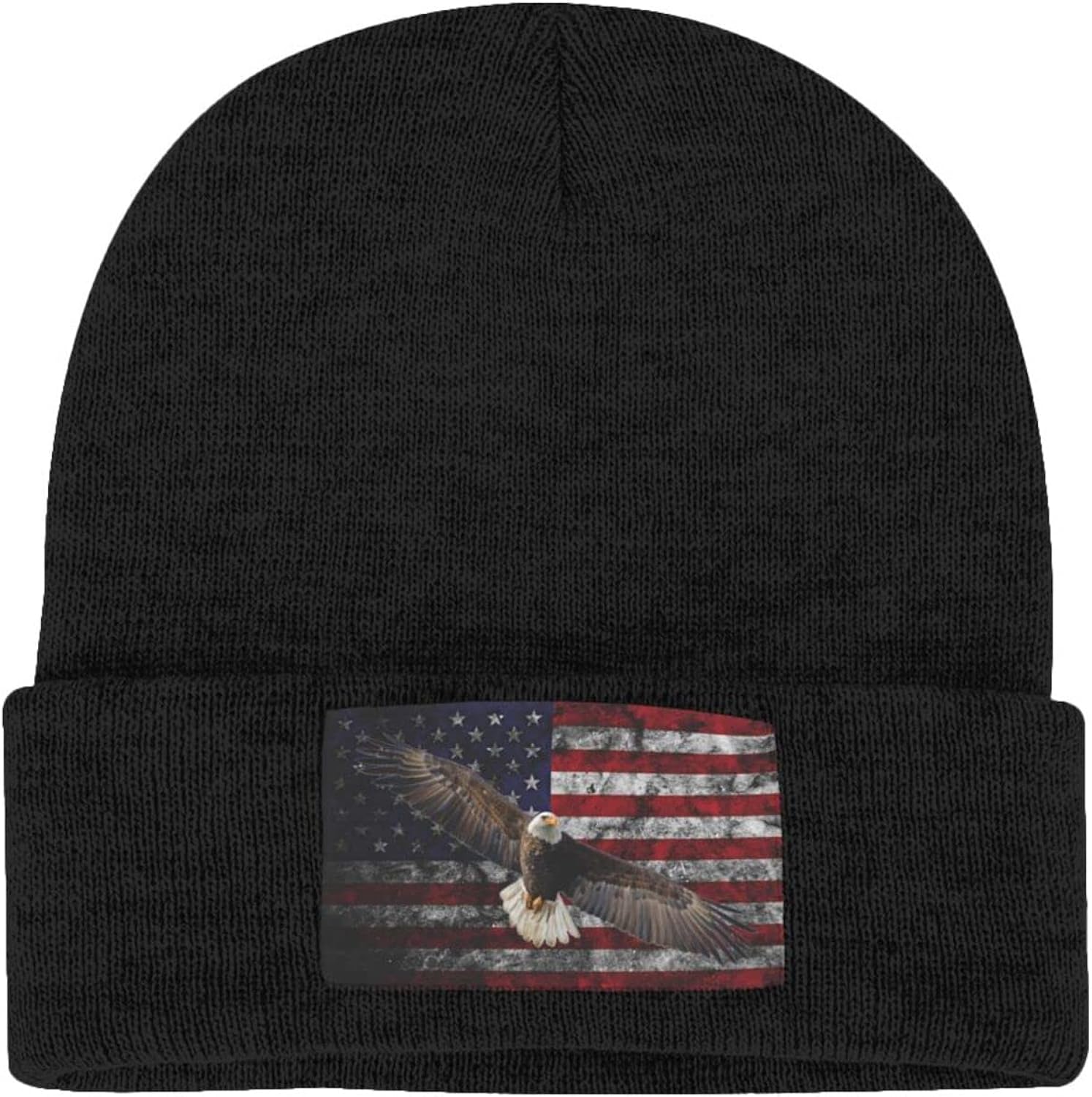 Bald Eagle USA Flag Beanie Winter Hat Warm Chunky Cable Knit Hats Soft Stretch Thick Cute Knitted Cap for Cold Weather Black