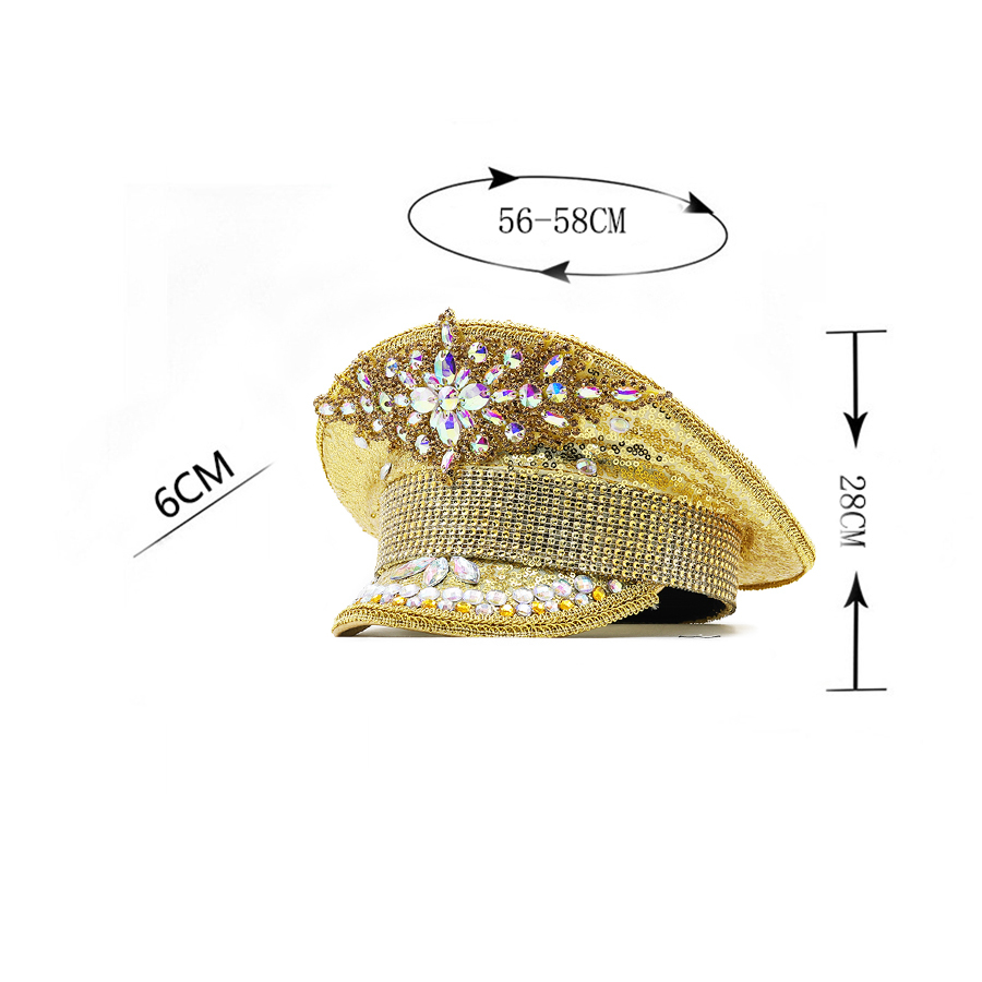 Hot Women Sequin Burning gold Bride Military Hat Handmade Sailor Captain Sergeant Hat Birthday Festival Part Hat 25dff