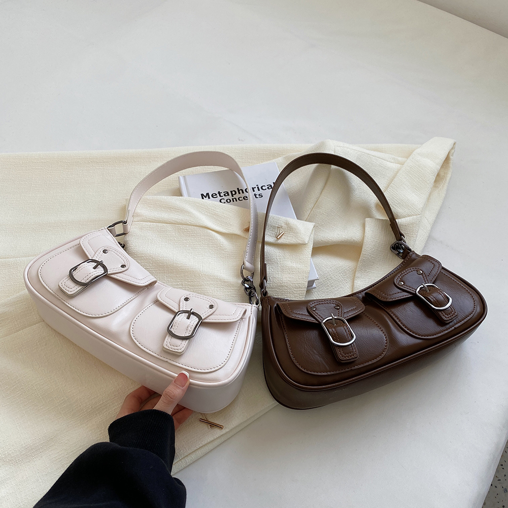 Vintage Korean Casual Double Pockets Shoulder Underarm Tote Bag Ladies Sling Bags Leather Zip Street Wear Purses Handbags Women