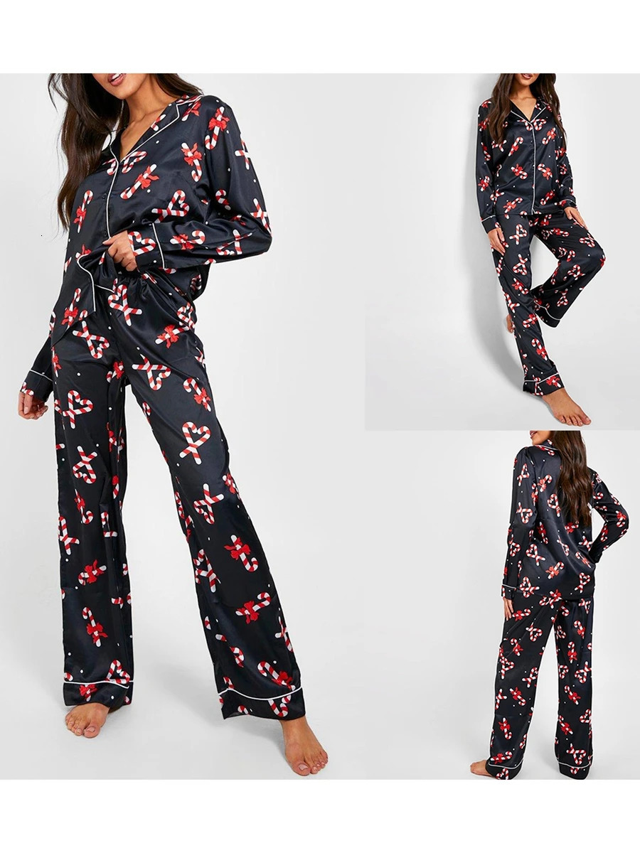 Women Christmas Pajamas Lounge Set Candy Cane Print Long Sleeve Shirts Tops and Pants 2 Piece Loungewear Outfits 241112