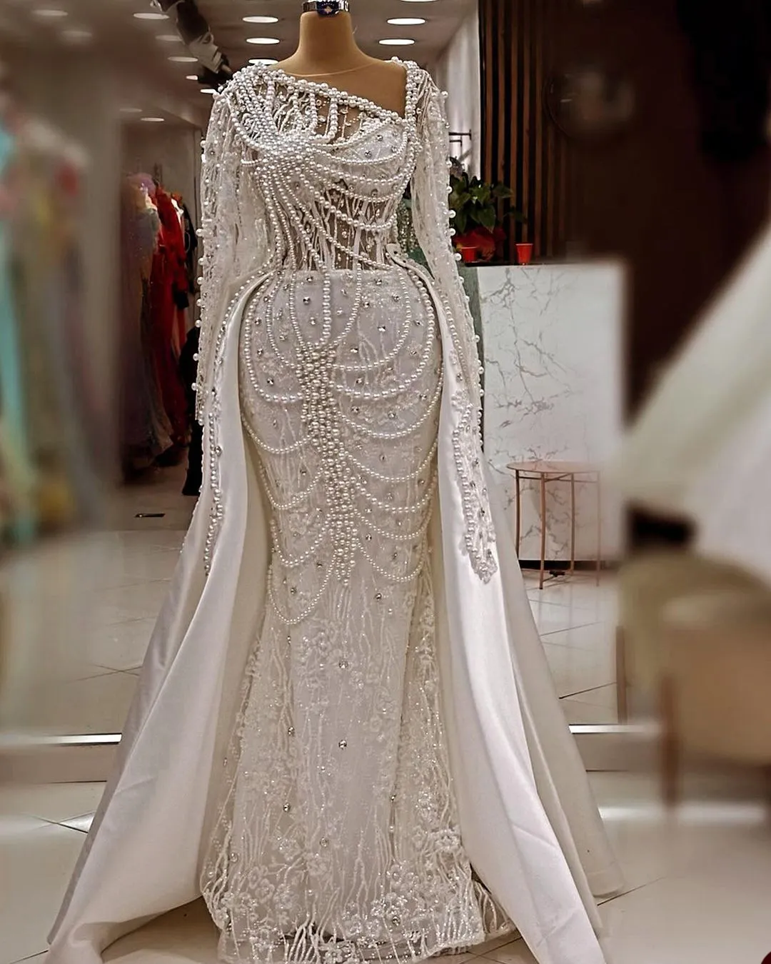 Vintage Pearls Mermaid Wedding Dress Sexy Glitter Lace Beading Arabic Trumpet Full Sleeve Bridal Gowns Robe Bc18606 0218