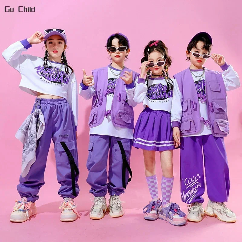 Hip Hop Girls Crop Top Skirts Purple Clothes Sets Boys Jazz Vest Sweatshirts Street Dance Cargo Pants Children Kids Streetwear 241112