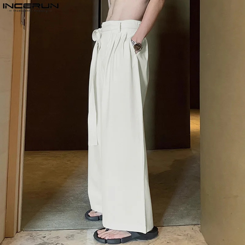 INCERUN Mens Pants Solid Color Button Jogger Loose Casual Wide Leg Straight Trio Mens Strap Dress Lace Pants 241112