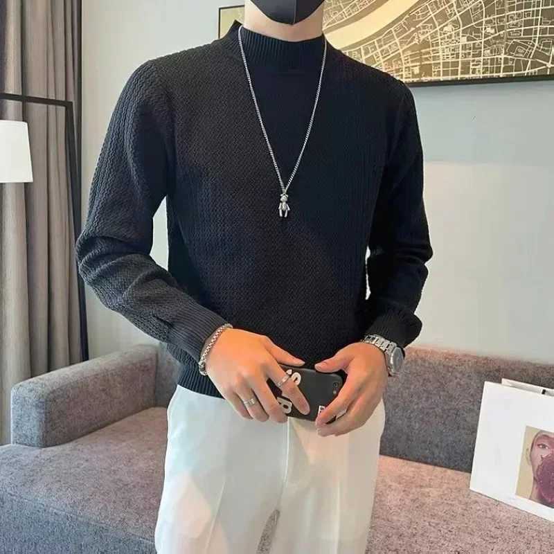 Mens solid color half neck knitted sweater mens clothing blue floral pattern turtle neck Korean autumn loose fit suitable for knitting W2411111