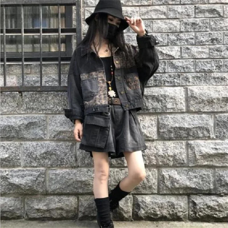 Embracery Leopard Jeans Jacket Womens Short Jacket Distressed Brushed Streetwear Loose Spring and Autumn Jacket Womens Jacket 241112