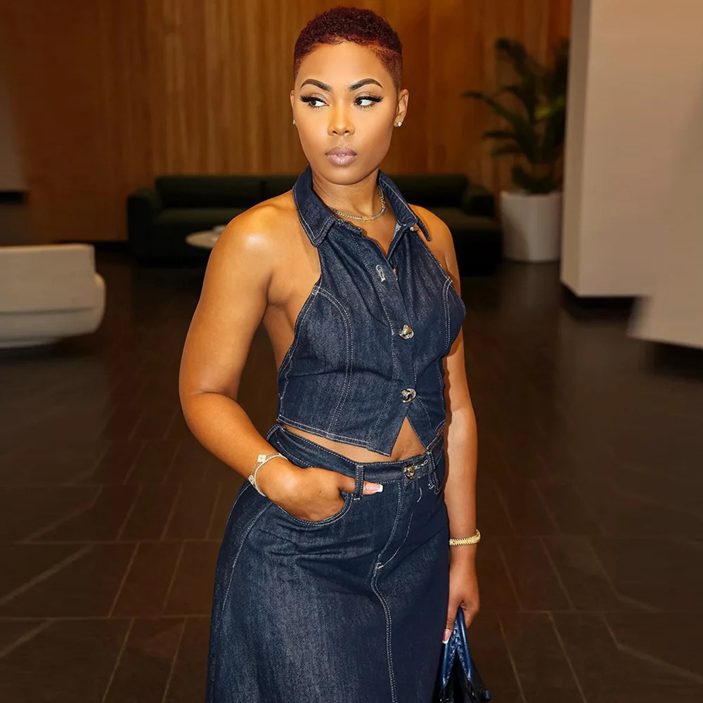 2 Piece Set Women Spring Summer Denim Pocket Sleeveless Tops And Maxi Skirt Suits Mujer Matching Sets Jacket Outfit 240412