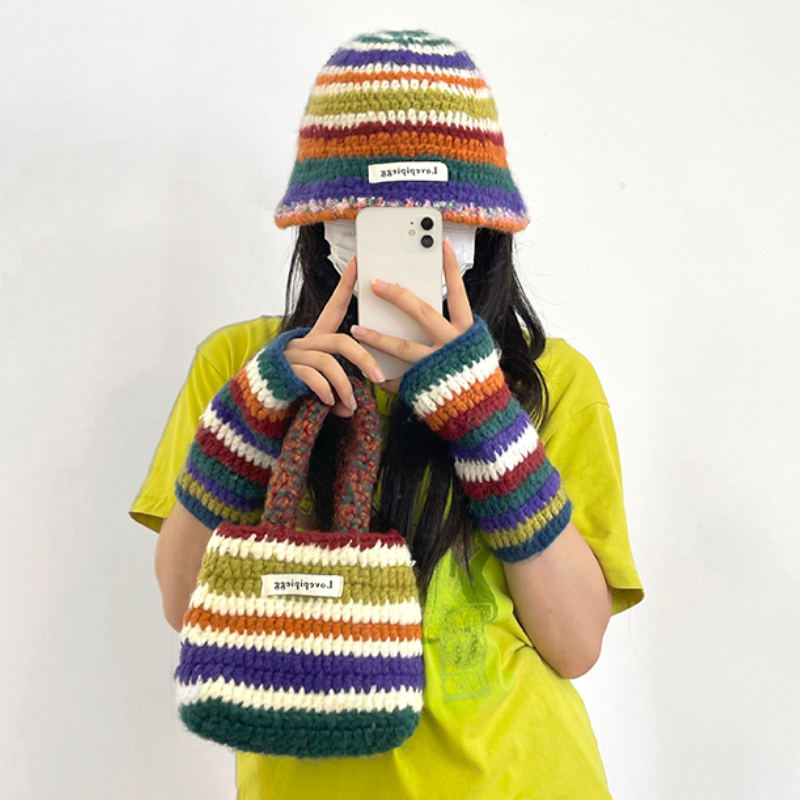 Japanese Retro Bag Gloves Knited Bucket Hat Women Autumn Winter Rainbow Striped Crochet Three-piece Set Designer Cute Funny Hat 57a2c