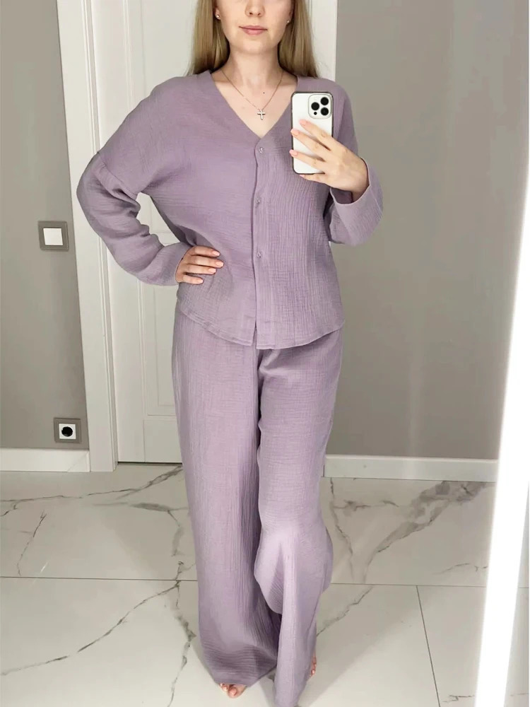 Khaki pure cotton pajamas V-neck single chest wide leg pants mens set womens 2-piece casual wear 241112