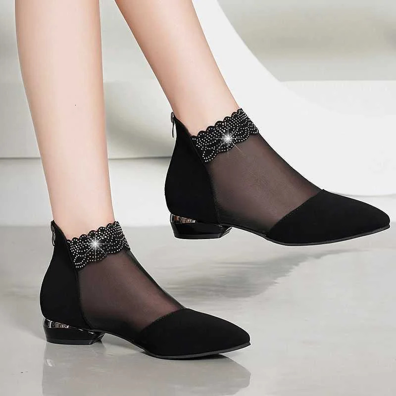 summer sandals high toe womens shoes black lace ankle floral rhinestone zipper flower casual sandals fashionable 241111