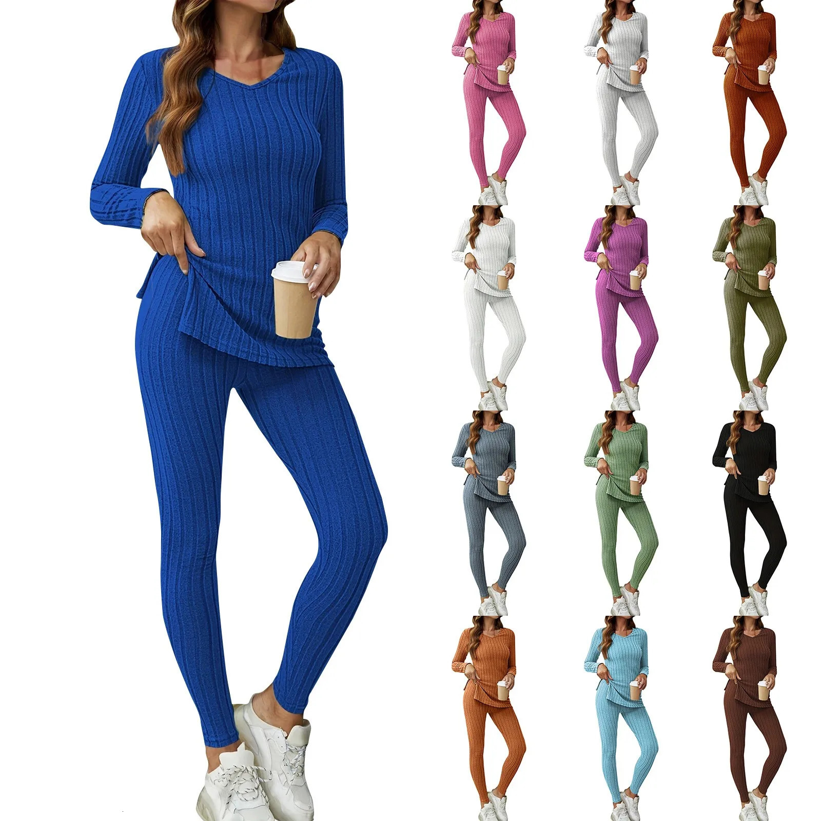 Plus Size Casual Outfits Sets Solid Ribbed Long Sleeve Round Neck Split Hem Top Pants 2 Piece Set 241108