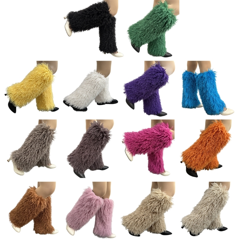 Q1FA Women Fuzzy Leg Warmer Boot Cover Harajuku Solid Color Vintage Furry Plush Leggings Shoes Cuffs Long Socks Streetwear
