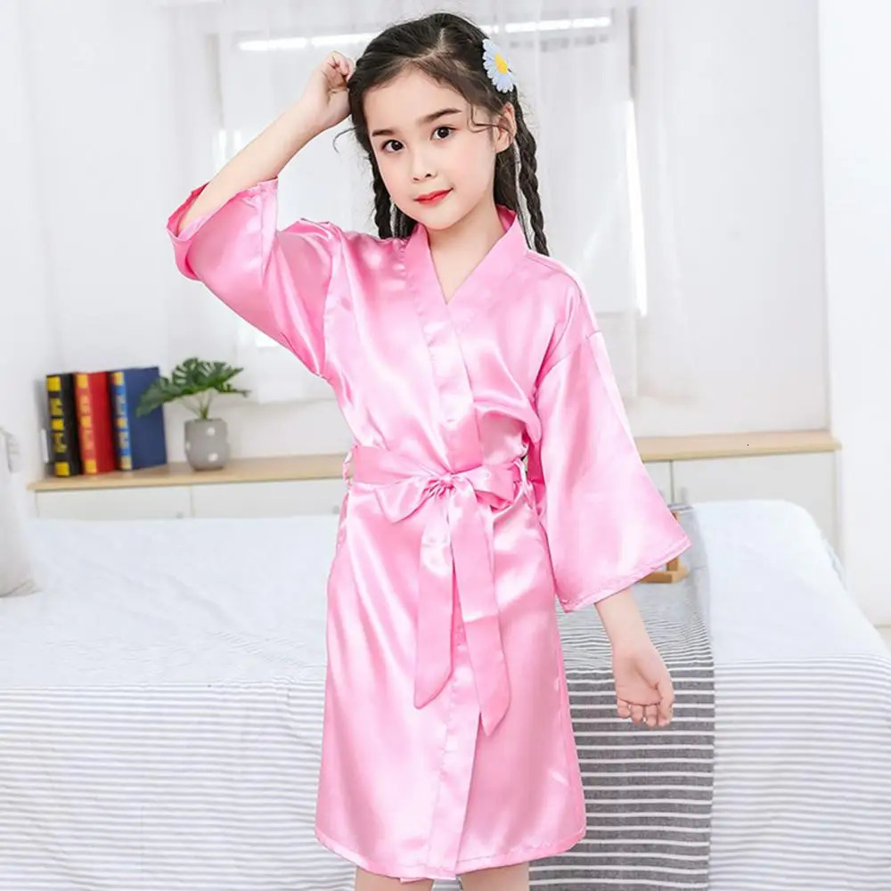 Solid Color Kids Bathrobe Girls Silk Satin Kimono Robes Kids Children Bathrobe Sleepwear Nightgown with Belt sleepwear menina 241112