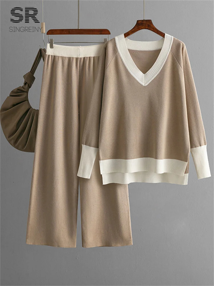 SINGREINY Casual Multicolor Loose Sets V Neck SweaterSolid Wide Legs Long Pants Autumn Winter Women Knitwear Thick 2pc Suits 241112